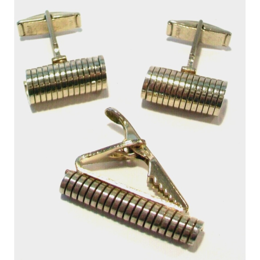 Vintage Men's Coil Spring Style Cufflinks & Tie Tack Clip Bar Set, Gold Tone